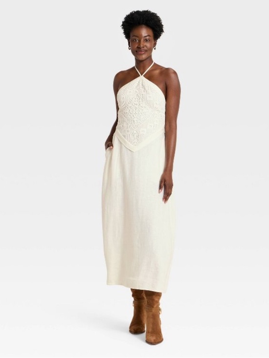 a new day Dresses & Skirts - a new day Sleeveless Embroidered Skater Cream Crochet Halter Midi Dress NWT L